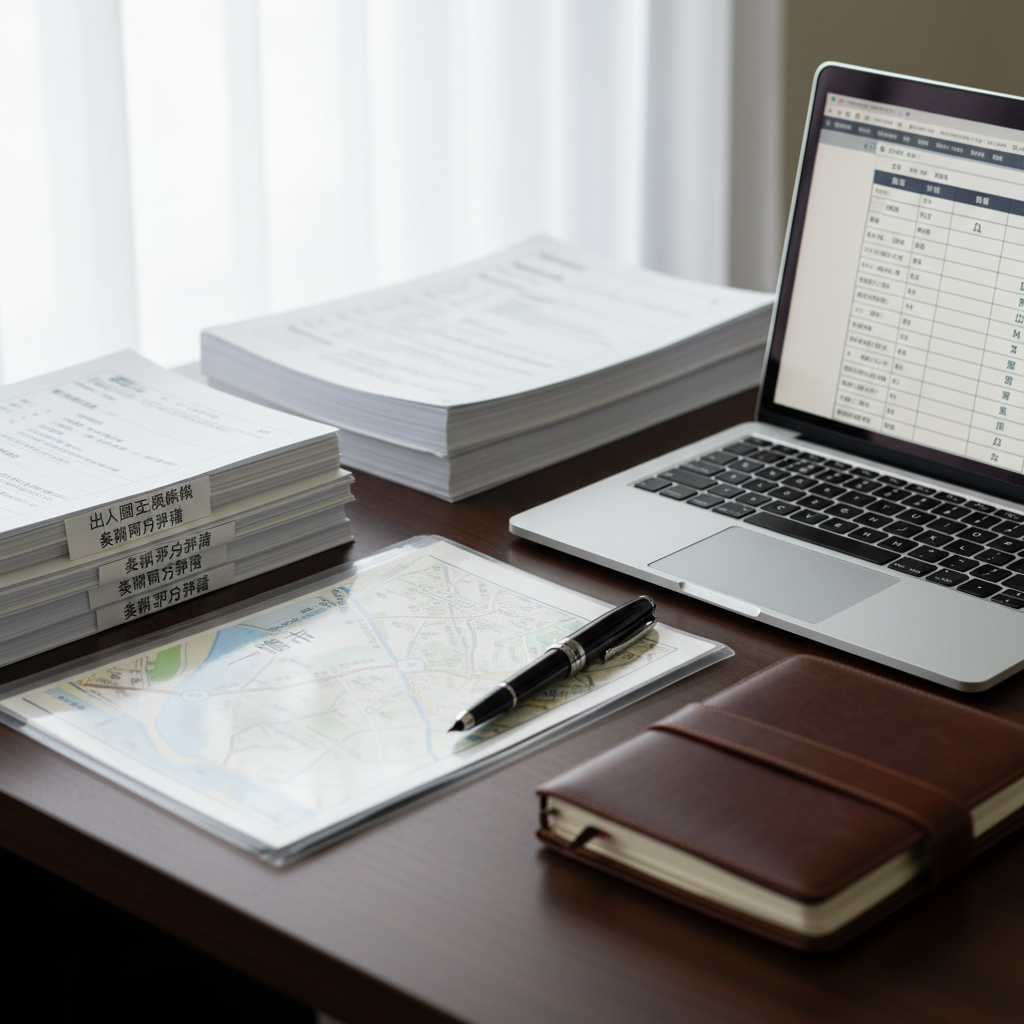 A close-up of an orderly desktop used by an administrative scrivener in Aichi Prefecture, with no human presence. A dark wood desk holds neatly stacked immigration and permit documents in Japanese, a high-quality black fountain pen, a leather-bound planner, and a laptop displaying a clean, text-based legal reference page without visible words. A small map of Ichinomiya city is partially tucked under a transparent file folder, hinting at local expertise. Soft, diffused daylight from a side window creates delicate shadows and subtle highlights on the pen and paper edges. Photographic realism, shot from a slightly elevated angle with shallow depth of field, producing a calm, focused, and reliable atmosphere suitable for a professional law and administrative services website.