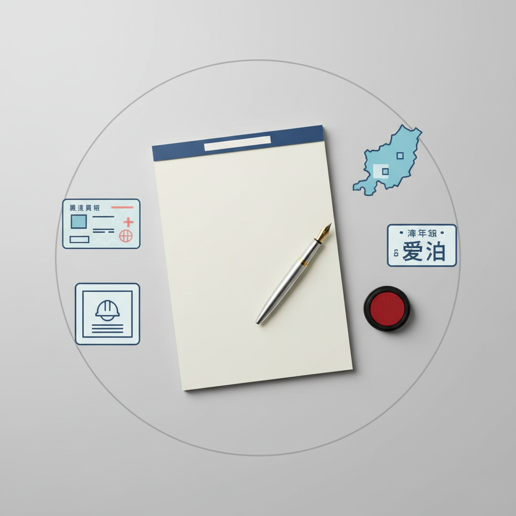 A symbolic flat-lay composition representing the broad services of an administrative scrivener in Aichi, carefully arranged on a neutral grey background. At the center lies an open, blank legal-style document pad with high-quality cream paper, surrounded by a residence card mockup without readable text, a simplified building permit illustration, a stylized icon of a car license plate, and a small map outline of Aichi Prefecture with Ichinomiya subtly highlighted in a different tone. A refined metal fountain pen and an ink pad with a closed red seal case complete the arrangement. Soft, diffused studio lighting eliminates harsh shadows, producing gentle gradients and clean lines. Photographic realism, top-down view with precise, balanced composition, conveying clarity, organization, and comprehensive administrative support services.
