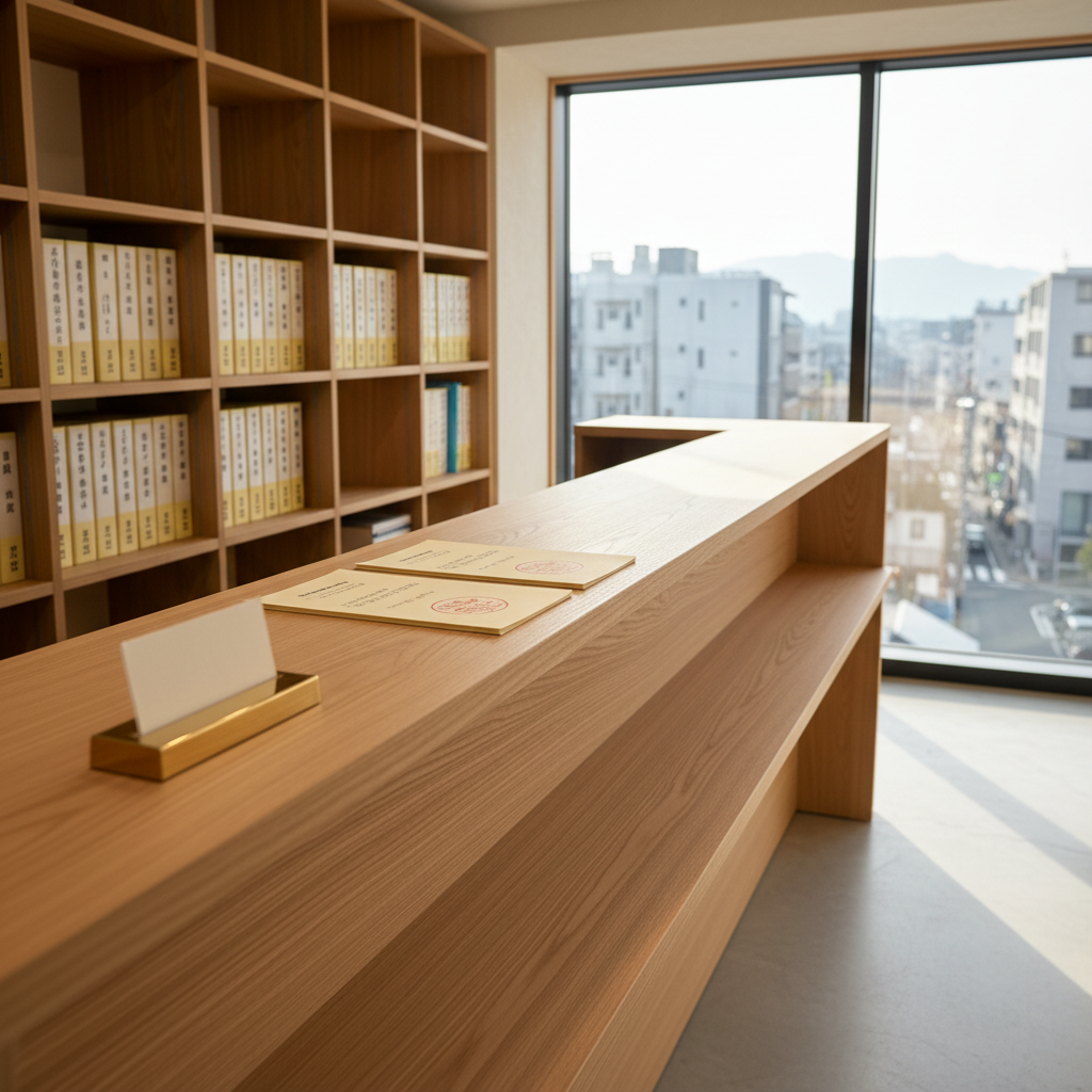 A neat, modern administrative scrivener office reception in Ichinomiya, Aichi, shown without people. A solid wood counter with a subtle grain stands in the foreground, topped with a small, tasteful nameplate holder and neatly stacked, stamp-marked application forms. Behind it, built-in shelving holds organized binders labeled in Japanese, and a large window reveals a faint, out-of-focus glimpse of Ichinomiya city streets. Soft morning daylight fills the room, creating gentle reflections on the polished floor and counter. Photographic realism, eye-level composition with a slightly wide angle, crisp focus on the counter, background softly blurred, conveying professionalism, trust, and local accessibility for legal and administrative procedures.