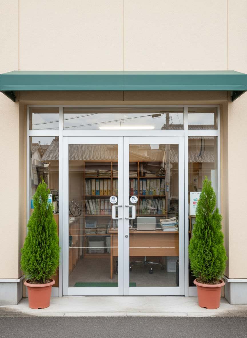 The exterior of a small, trustworthy行政書士 office in Ichinomiya, Aichi, shown without people or readable signage. The building has a clean, light-colored facade with large glass doors and a modest awning, framed by two neatly trimmed potted shrubs. Through the glass, a glimpse of shelves with organized files and a tidy reception area can be seen, slightly blurred. The street outside features a subtle hint of local Japanese architecture and overhead cables, suggesting a typical Ichinomiya neighborhood. Captured during bright but slightly overcast daylight, the lighting is soft and even, minimizing harsh reflections. Photographic realism, eye-level, slightly off-center composition, projecting approachability, local roots, and professional legal-administrative reliability.