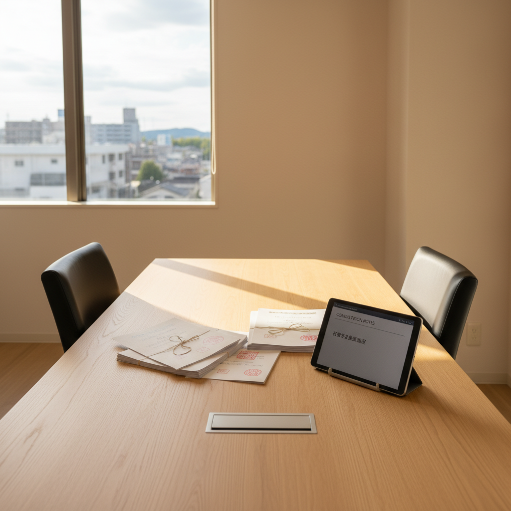 An elegant meeting table prepared for a legal consultation at a行政書士 office in Ichinomiya, depicted without people. A rectangular, light oak table sits in a minimalist conference room, with two opposing leather chairs left empty. On the table, neatly arranged documents stamped with red seals, a slim tablet showing a blank consultation notes screen, and a small, discreet nameplate holder emphasize professionalism. A large window on the side reveals a gentle blur of Ichinomiya’s urban landscape and distant greenery. Soft afternoon sunlight streams in, creating warm highlights on the table surface and gentle, elongated shadows. Photographic realism, eye-level composition with balanced symmetry, evoking a welcoming, calm, and trustworthy environment for legal and administrative support.