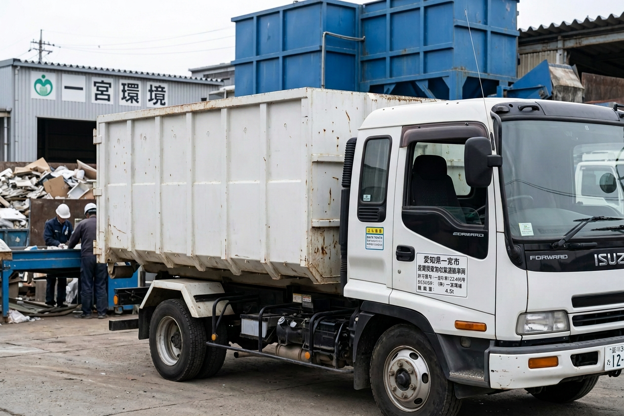 Japanese permits on desk with delivery truck Stacks of Japanese permits on a wooden desk with a blue and white delivery truck outside the window