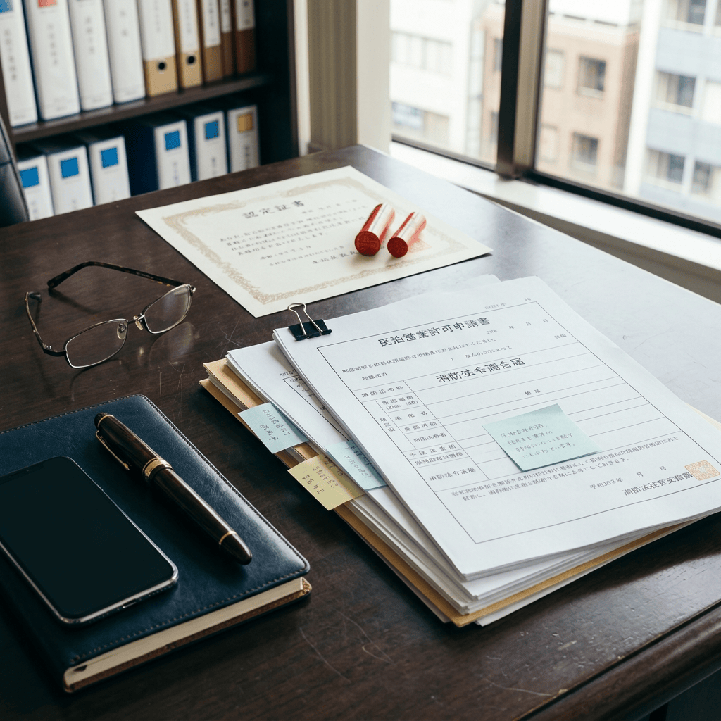 Desk with official documents, glasses, pen, smartphone, and binders