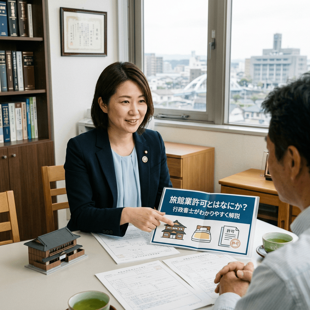 行政書士 explains 「旅館業許可とは何か？ 行政書士がわかりやすく解説」 with inn, bed, and permit illustrations